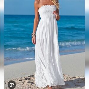 Venus White Strapless Maxi Dress with Lace Panels